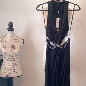 Sky Chain open sided, open back long dress with leopard and rhinestone detail